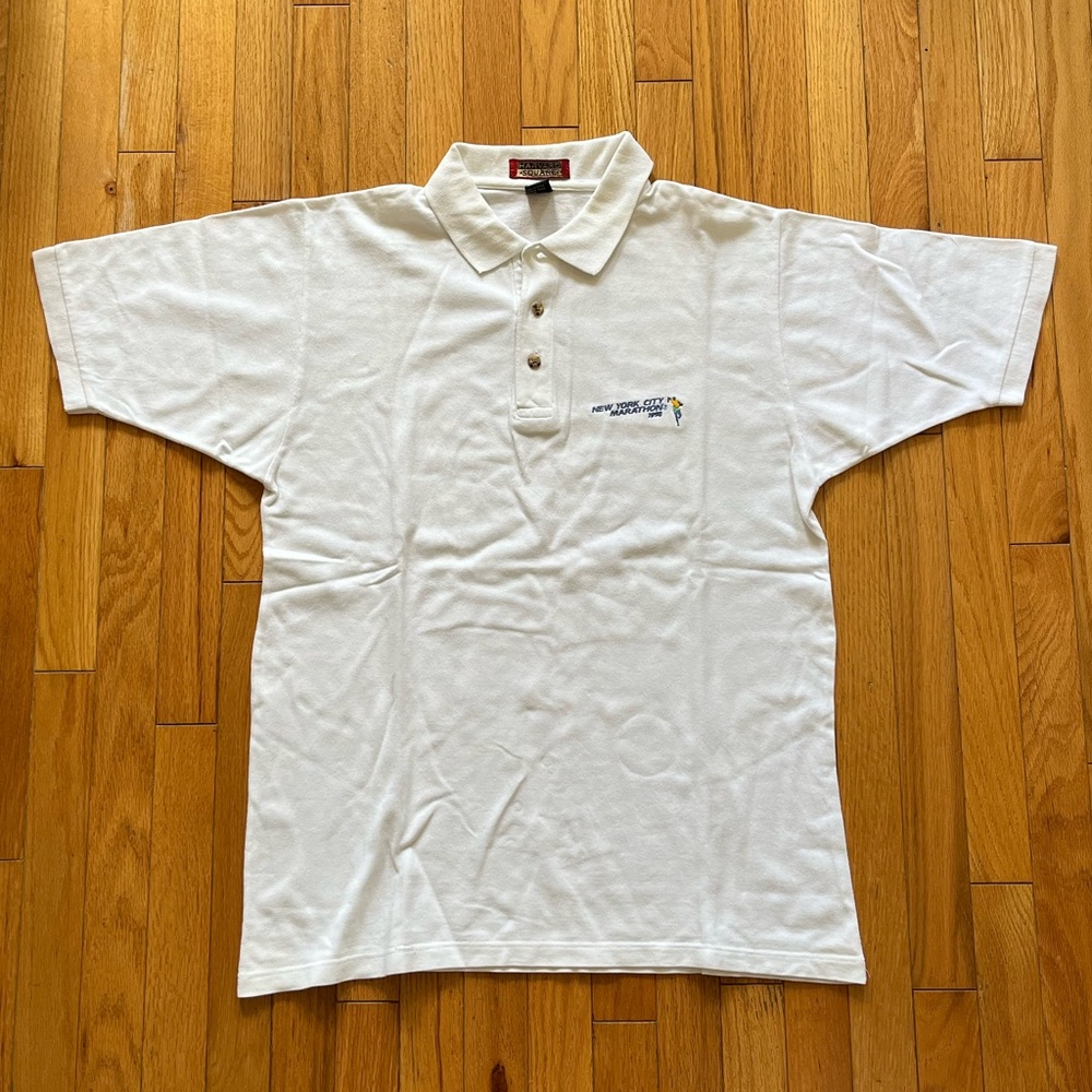 VTG 1998 NYC Marathon White Stitched Polo Shirt Sewn Logo Egyptian Cotton 90s